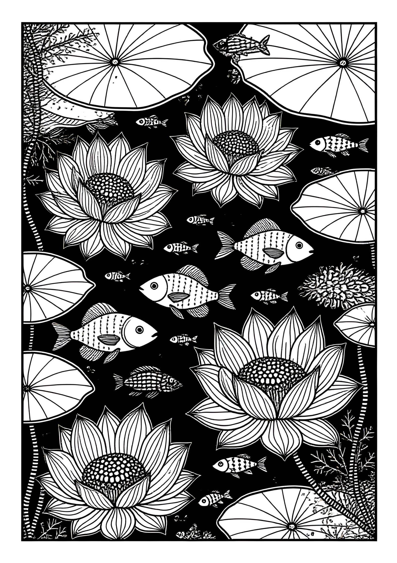 Coloriage Carpe Koï aux Nénuphars et Anémones de Mer à imprimer gratuitement