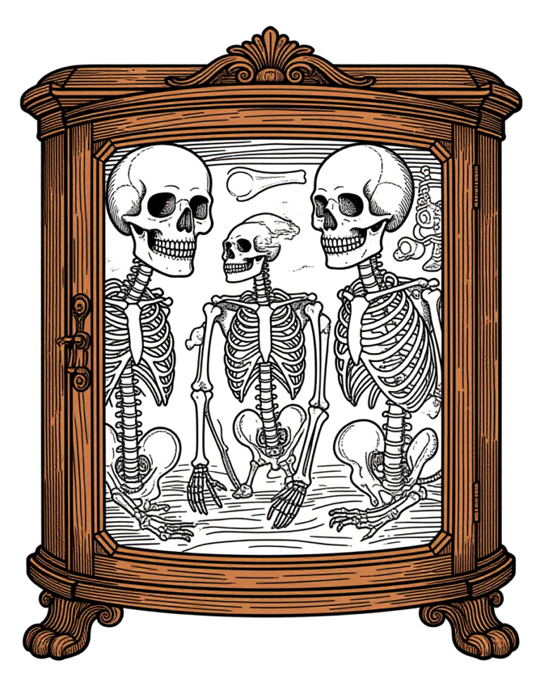 Coloriage Vitrines à Curiosités et Spécimens Squelettiques Antiques à imprimer gratuitement