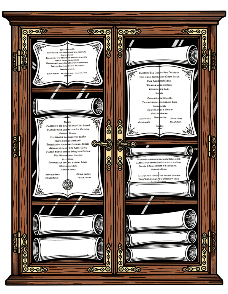 Coloriage Vitrine à Curiosités Anciennes Plans et Parchemins à imprimer gratuitement