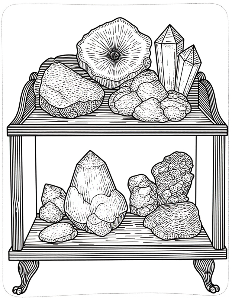 Coloriage Vitrines d&rsquo;une chambre de curiosités minéraux fossiles à imprimer gratuitement