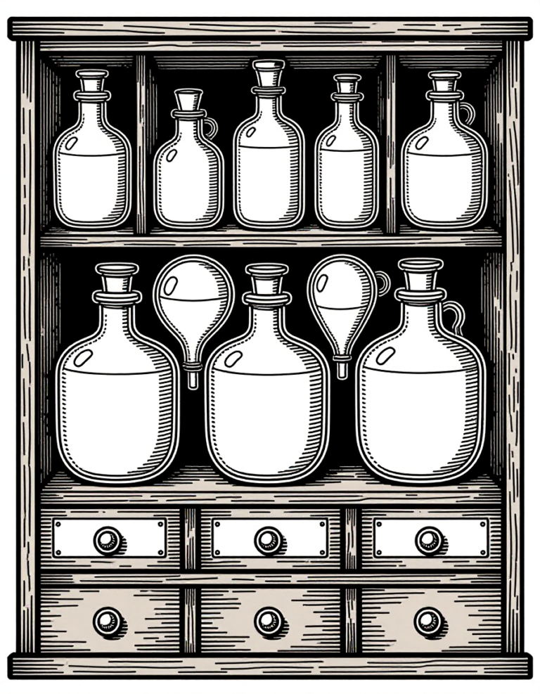 Coloriage Armoire à Curiosités Alchimique Antique à imprimer gratuitement