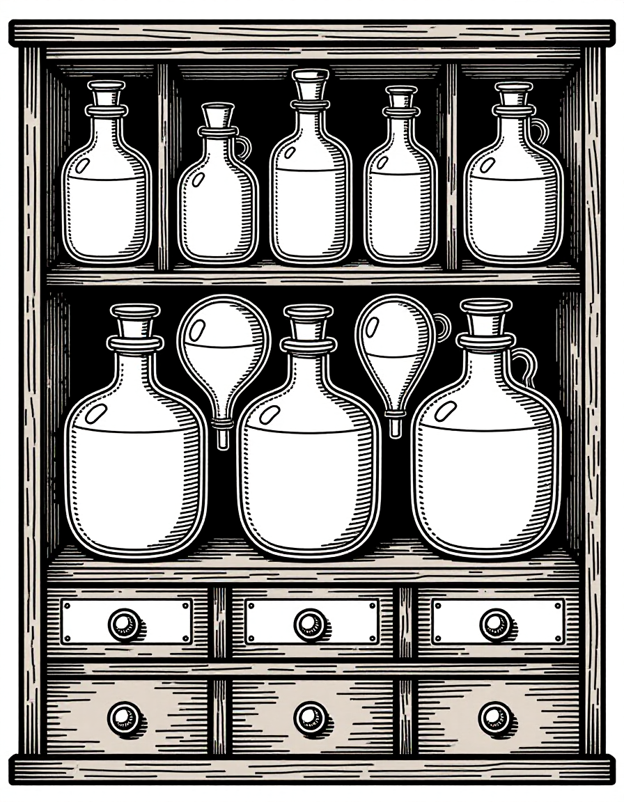 Coloriage Armoire à Curiosités Alchimique Antique, variante 1