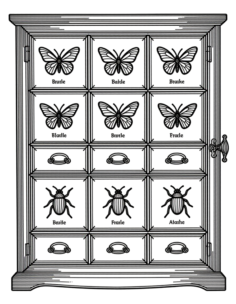 Coloriage Vitrine à Curiosités Entomologique Encadrée à imprimer gratuitement