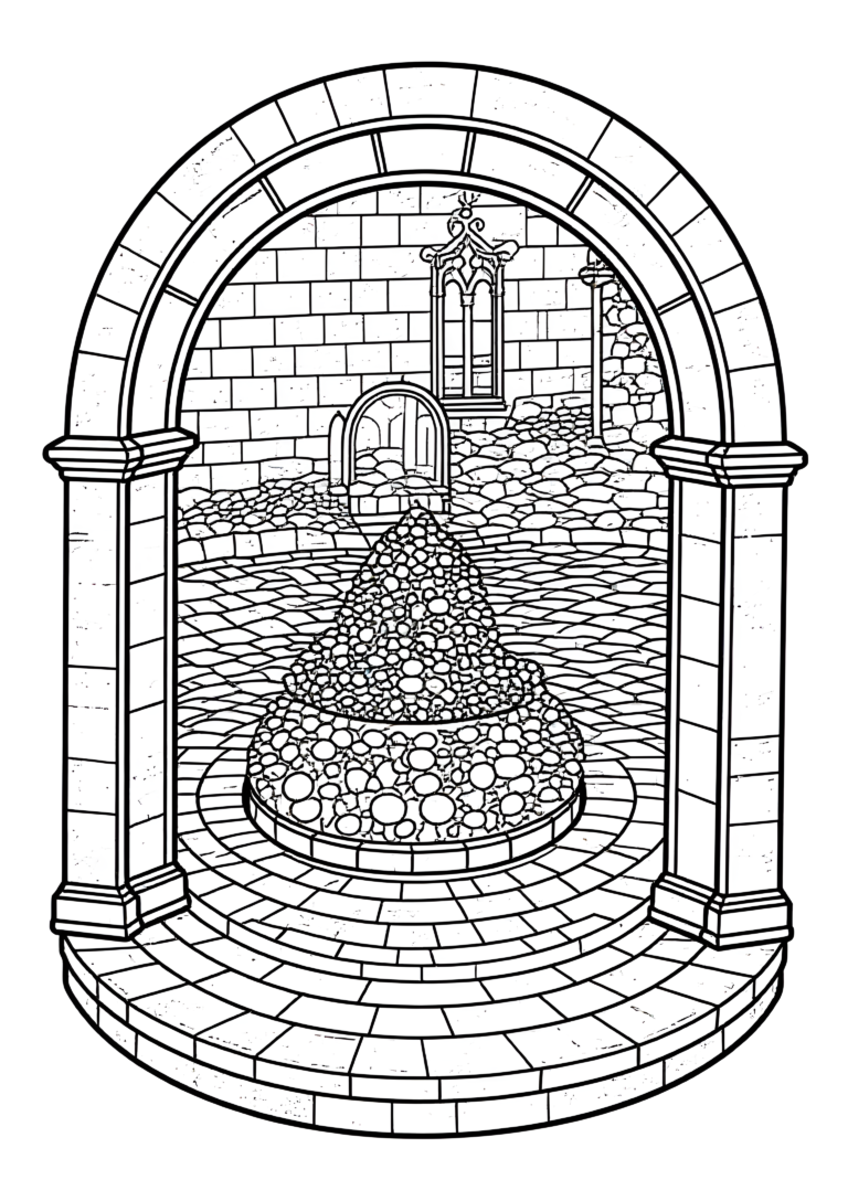 Coloriage Escalier Monastique Jardin Intérieur Façade Pierre Claire à imprimer gratuitement