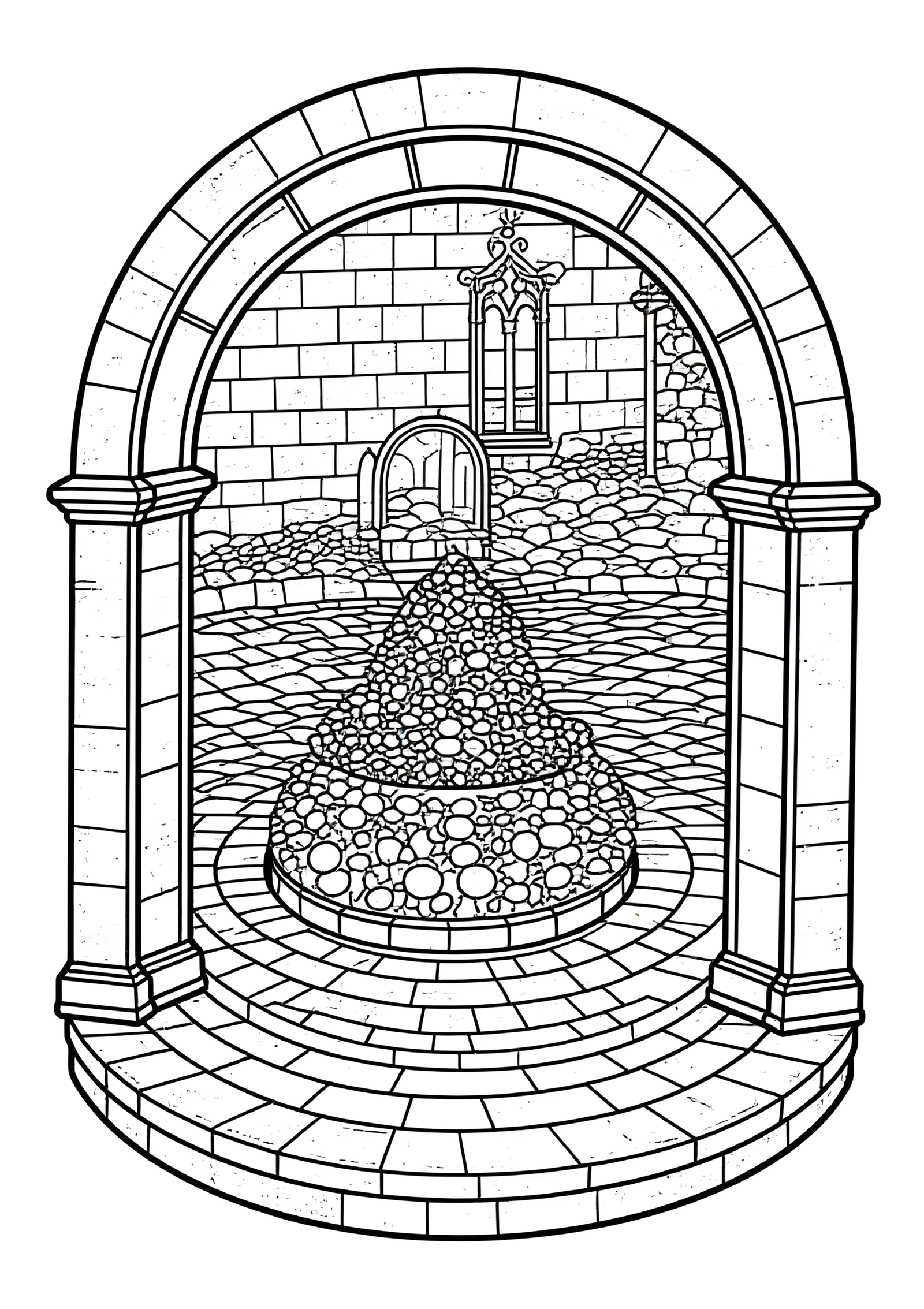 Coloriage Escalier Monastique Jardin Intérieur Façade Pierre Claire, variante 1