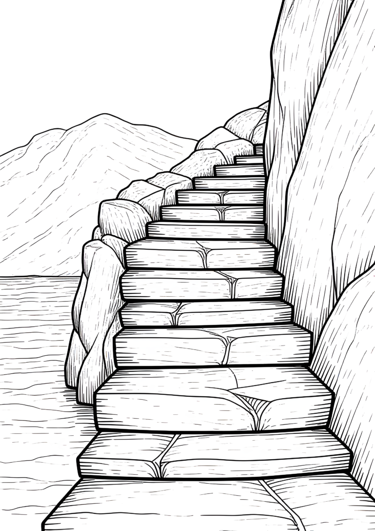 Coloriage Escalier de Monastère Montagnard Vue Frontale à imprimer gratuitement