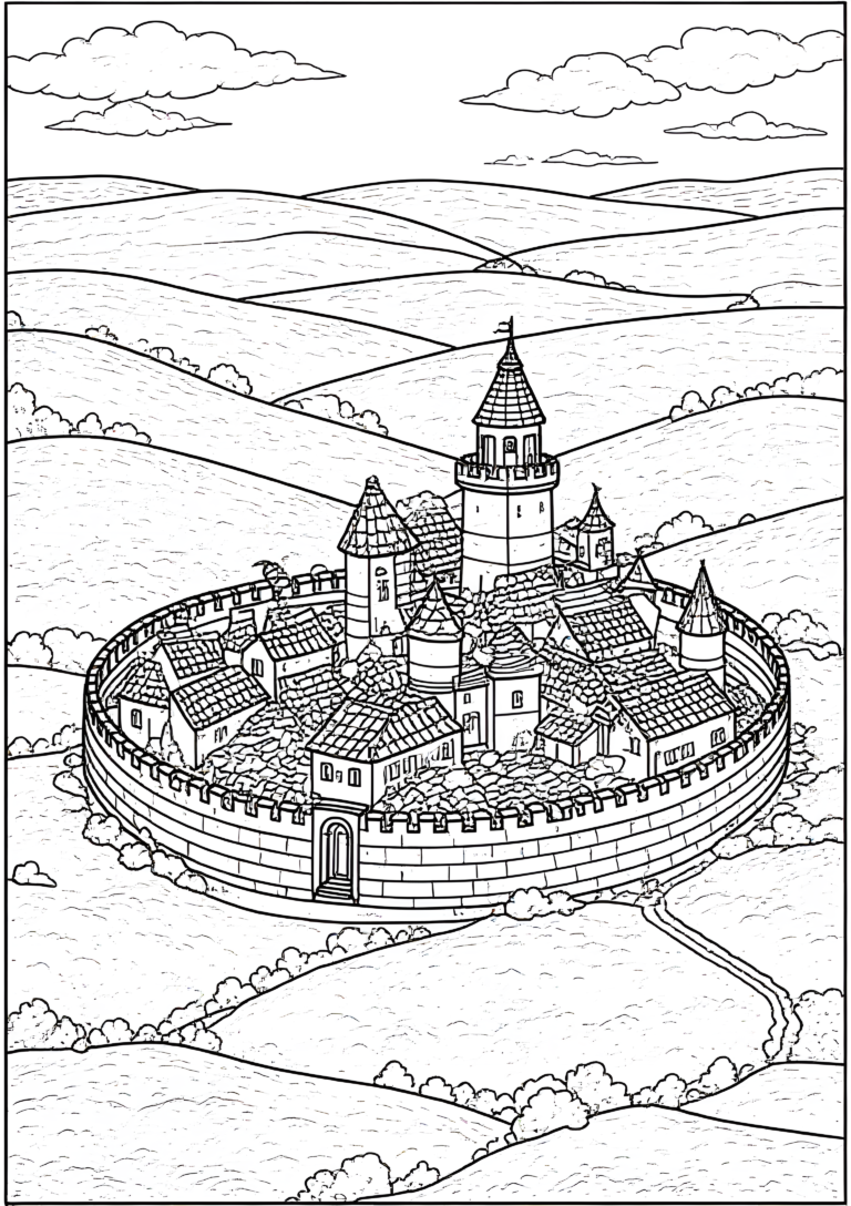 Coloriage Canal Circulaire Autour d’une Ville Fortifiée à imprimer gratuitement