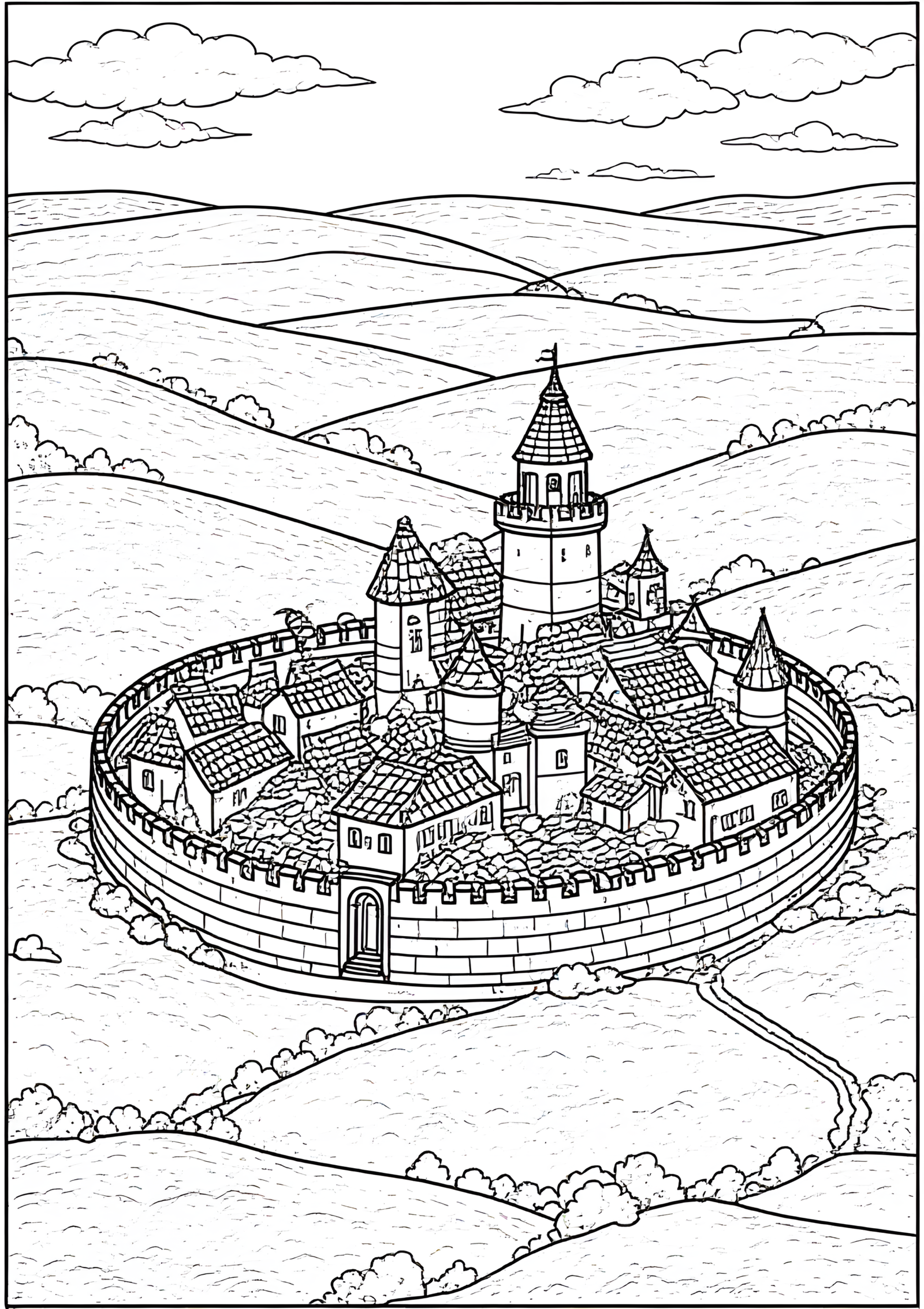Coloriage Canal Circulaire Autour d’une Ville Fortifiée, variante 1