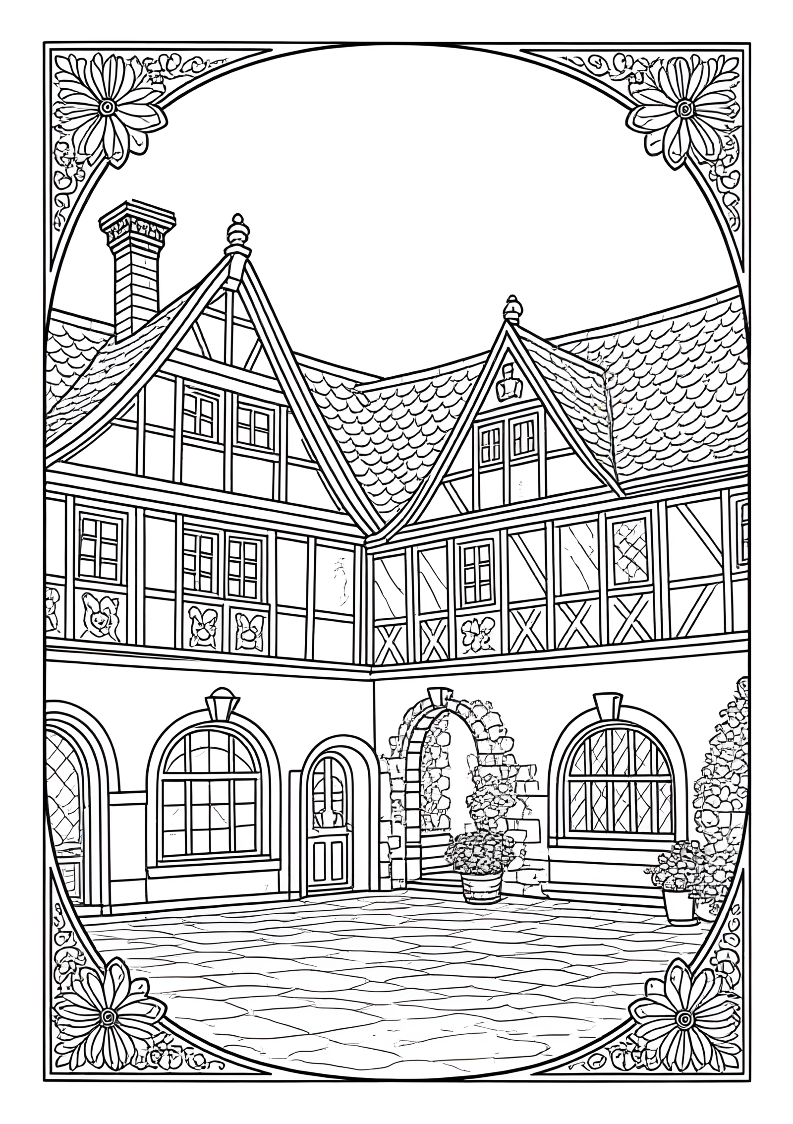 Coloriage Galerie À Colombages À Cour Allemande à imprimer gratuitement