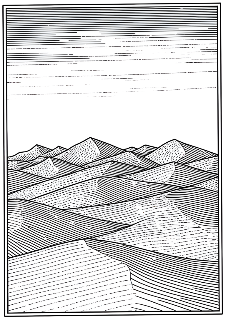 Coloriage Paysage Désertique aux Dunes et Montagnes Lointaines à imprimer gratuitement