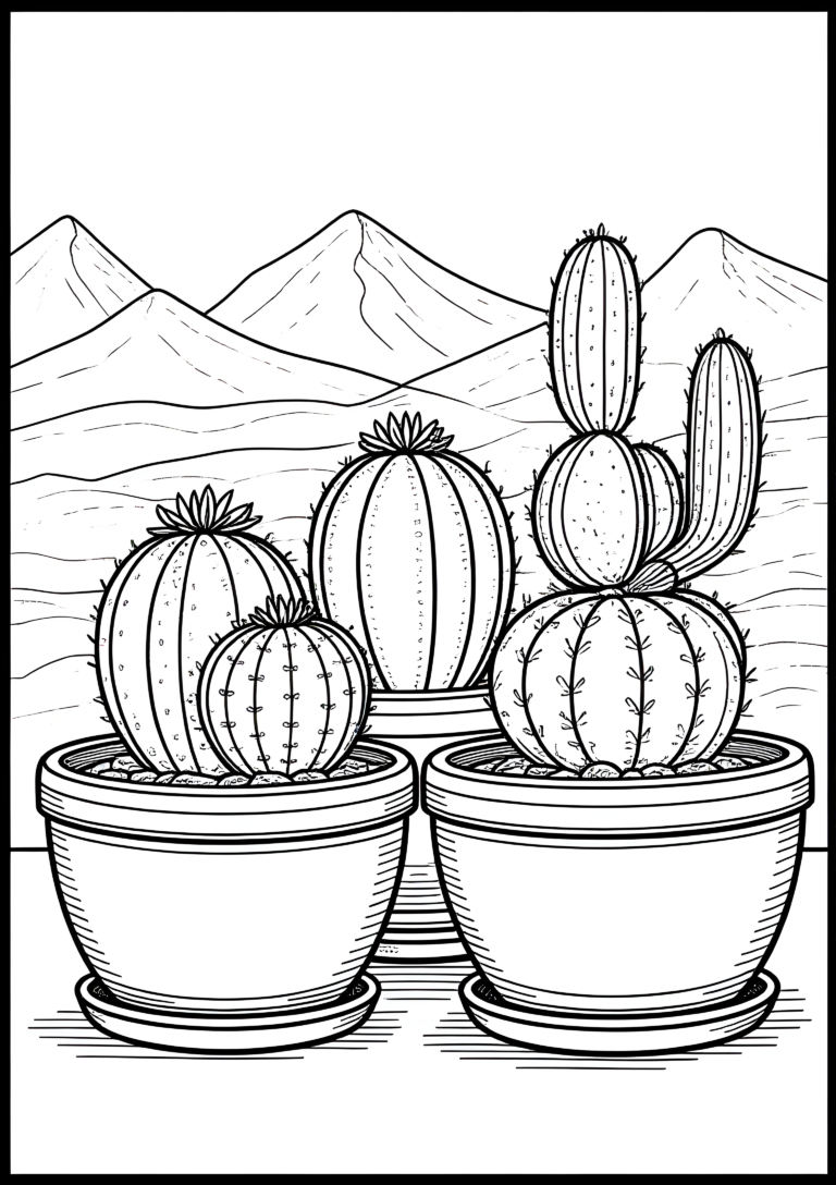 Coloriage Famille De Cactus En Pots Sur Un Patio à imprimer gratuitement