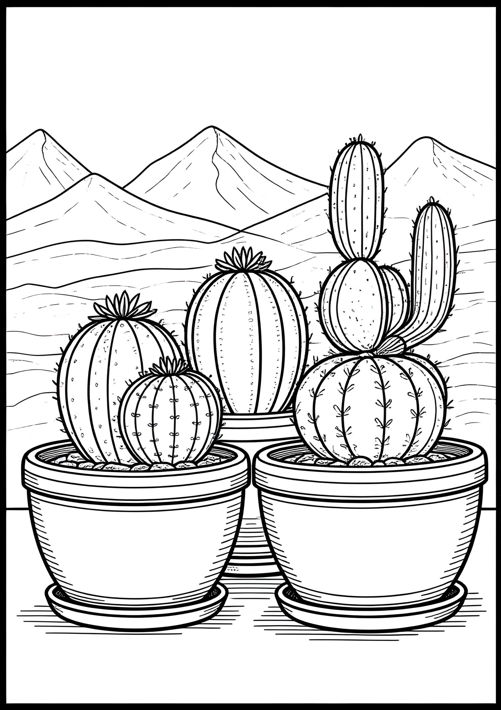 Coloriage Famille De Cactus En Pots Sur Un Patio à imprimer gratuitement