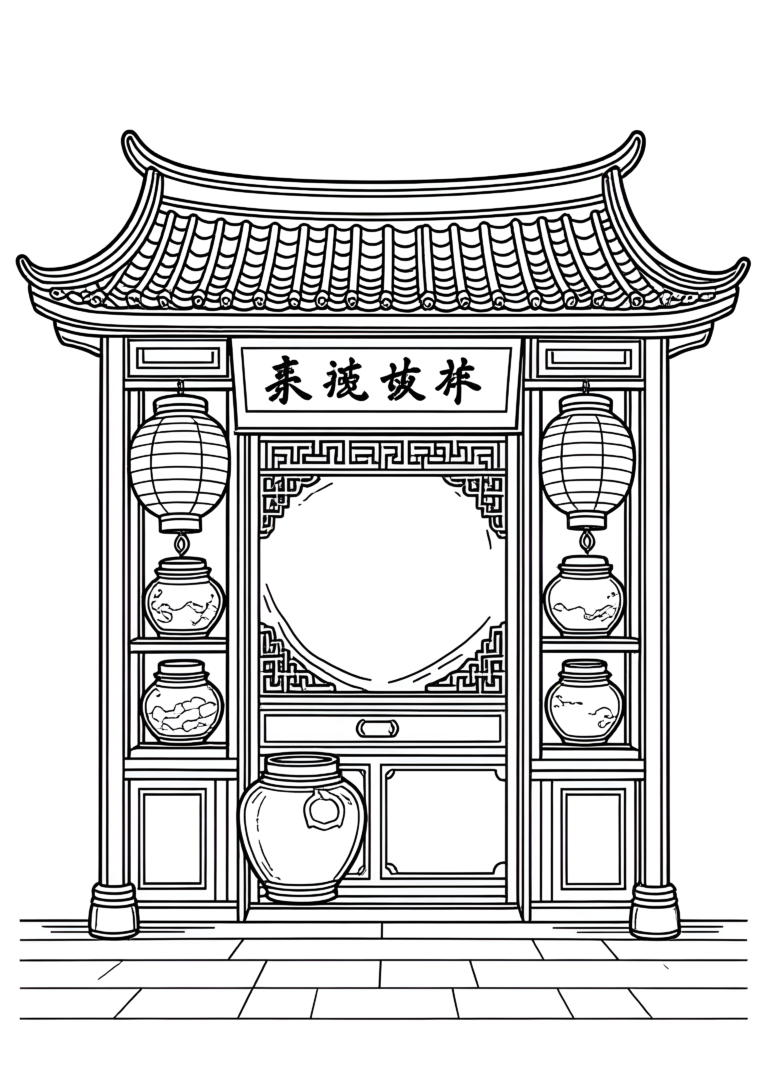 Coloriage Porte de Maison de Thé Chinoise à imprimer gratuitement
