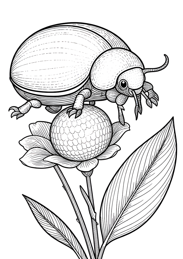Coloriage Scarabée Rhinocéros Poussant une Boule de Feuille à imprimer gratuitement