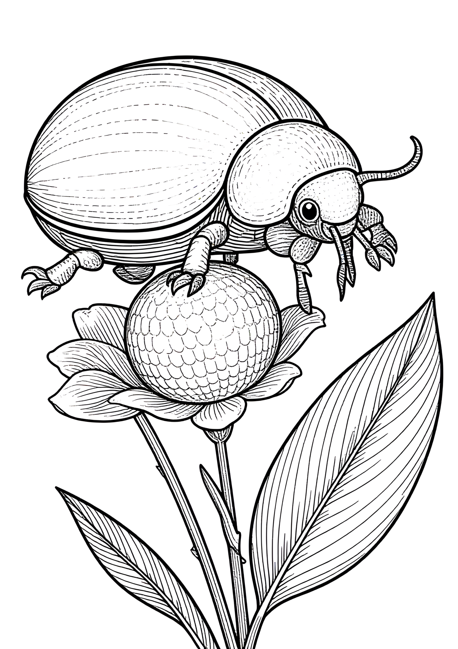 Coloriage Scarabée Rhinocéros Poussant une Boule de Feuille à imprimer gratuitement