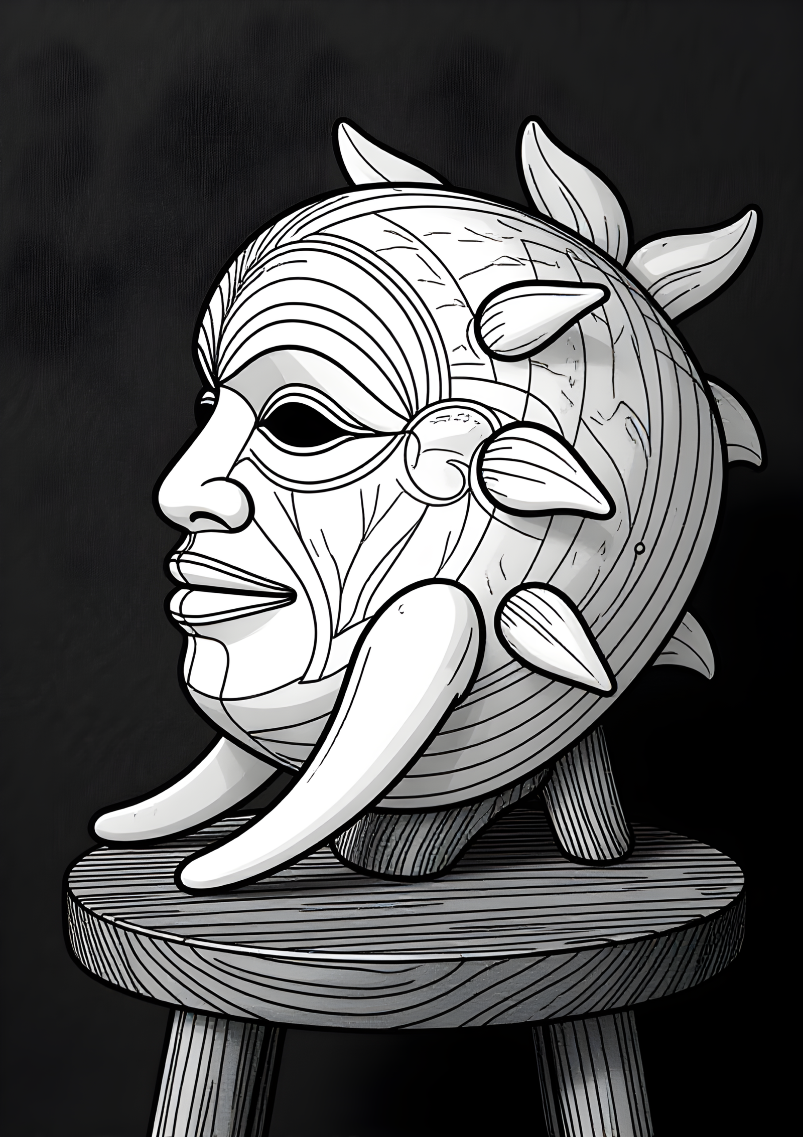 Coloriage Masque Inuit Sculpté en Fanon à imprimer gratuitement