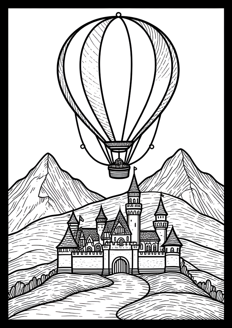 Coloriage Montgolfière au-dessus d’un château à imprimer gratuitement