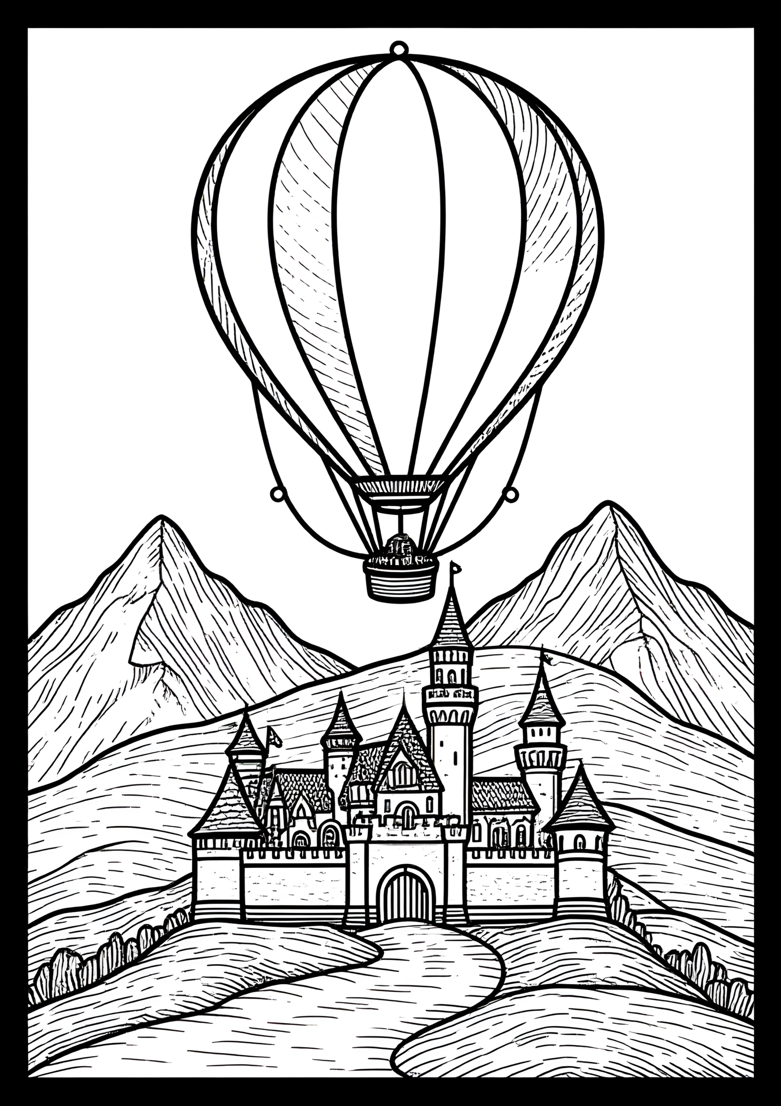Coloriage Montgolfière au-dessus d’un château, variante 1