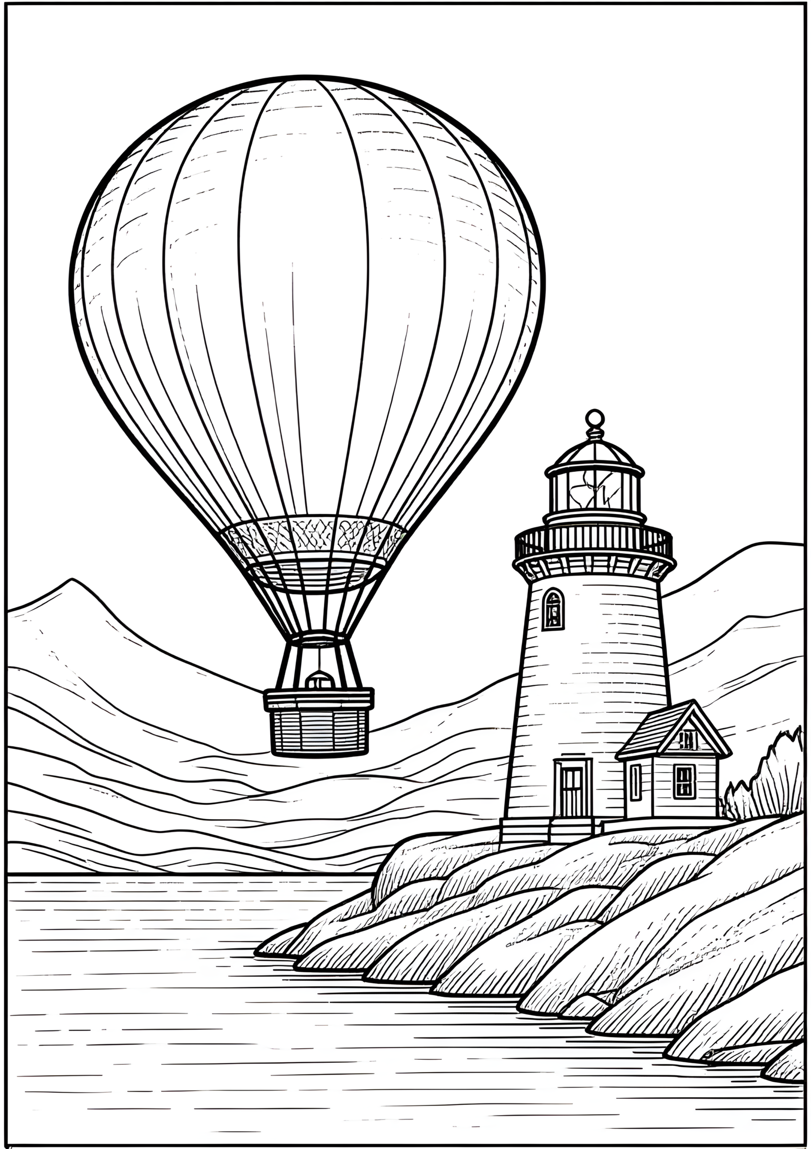 Coloriage Ballon au-dessus d'une falaise à phare, variante 1