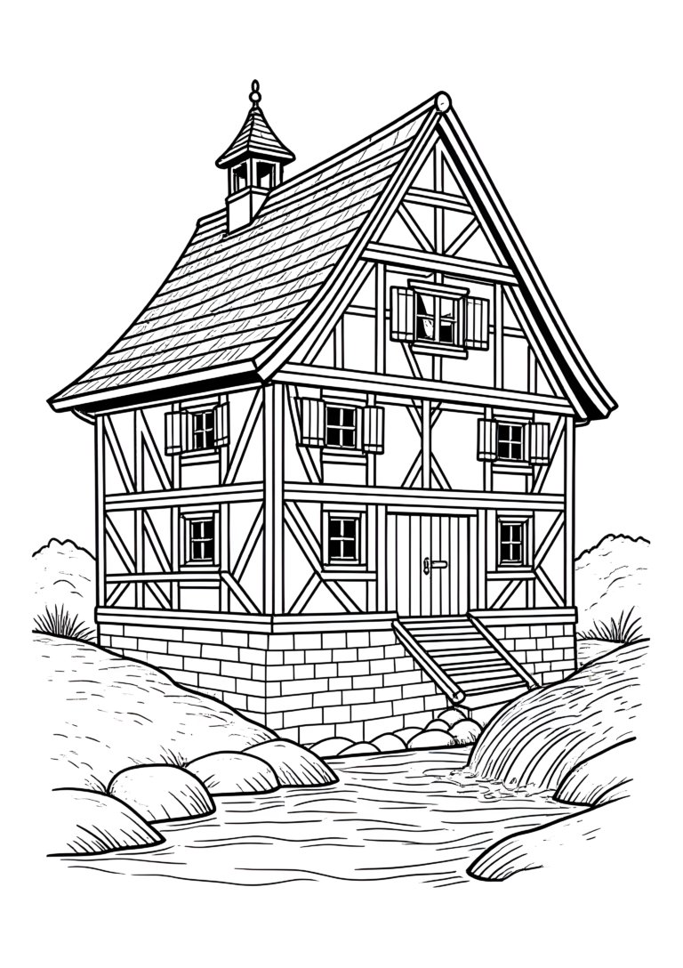 Coloriage Moulin à colombage allemand à imprimer gratuitement