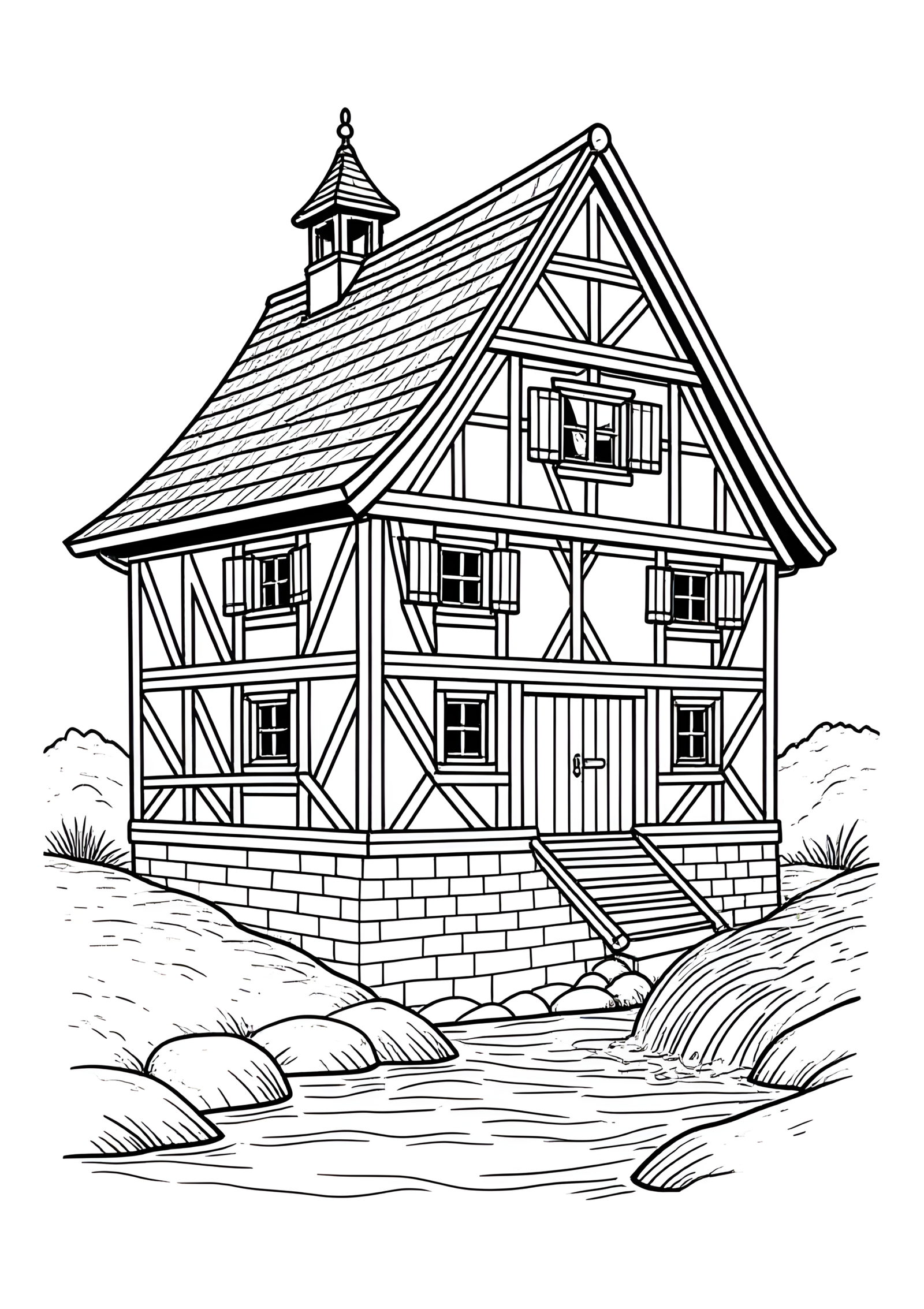 Coloriage Moulin à colombage allemand à imprimer gratuitement