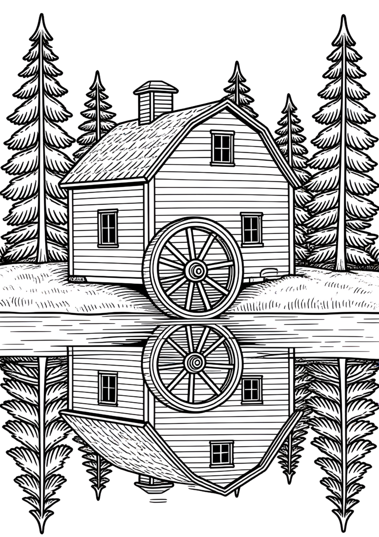 Coloriage Moulin À Eau À Roue À Aubes à imprimer gratuitement