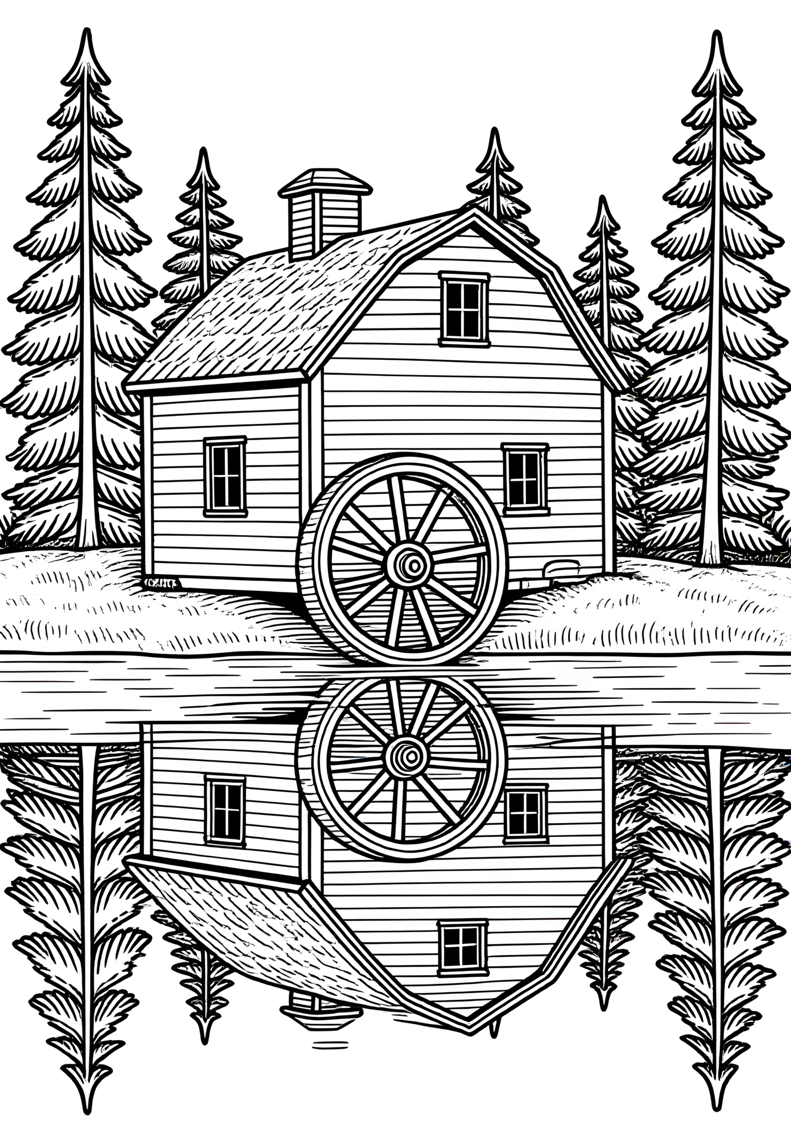 Coloriage Moulin À Eau À Roue À Aubes, variante 1