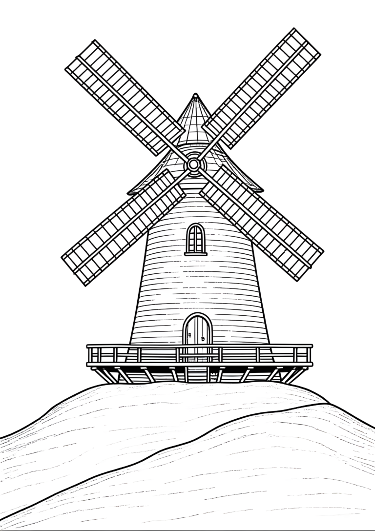 Coloriage Moulin à vent français sur colline à imprimer gratuitement