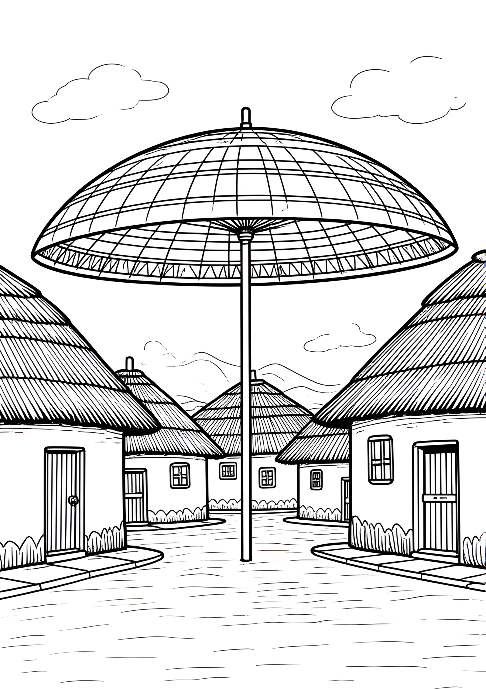 Coloriage Parasol Africain Tressé sur Natte, variante 1