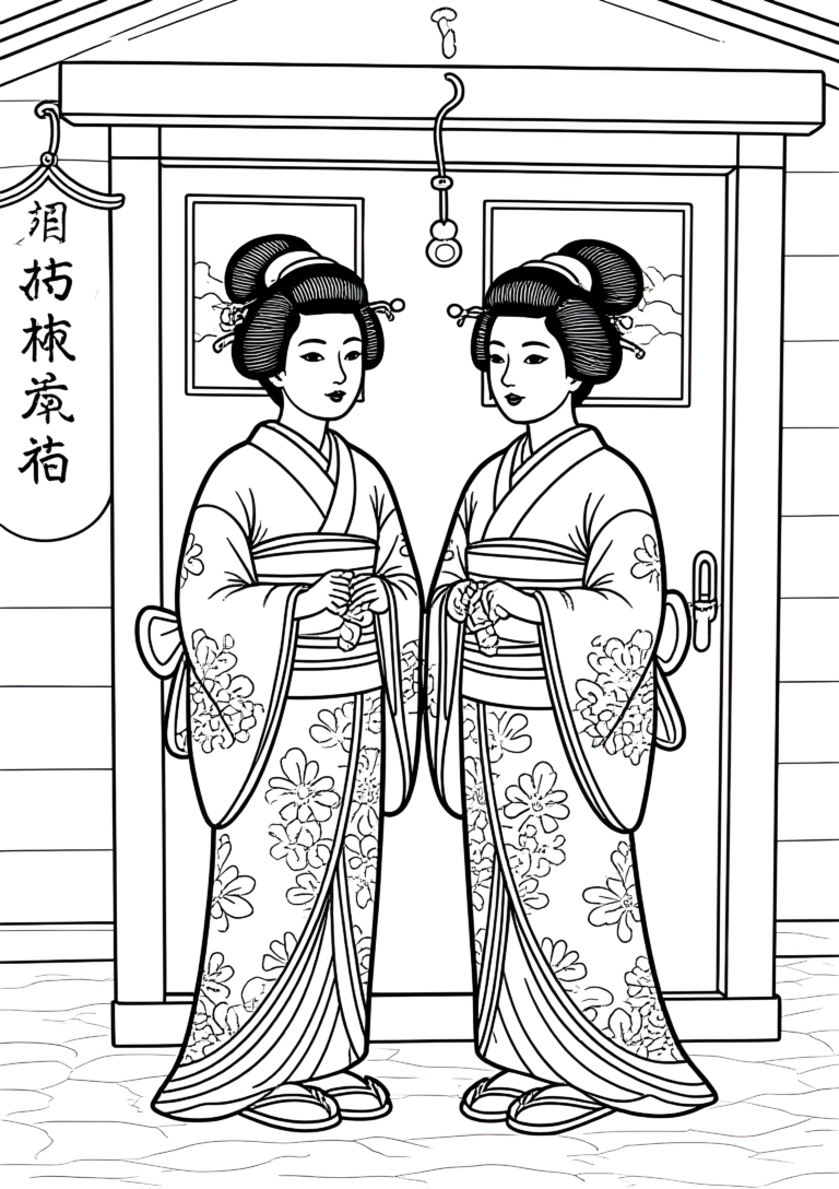 Coloriage Parapluies Japonais Wagasa Devant Une Maison De Thé à imprimer gratuitement