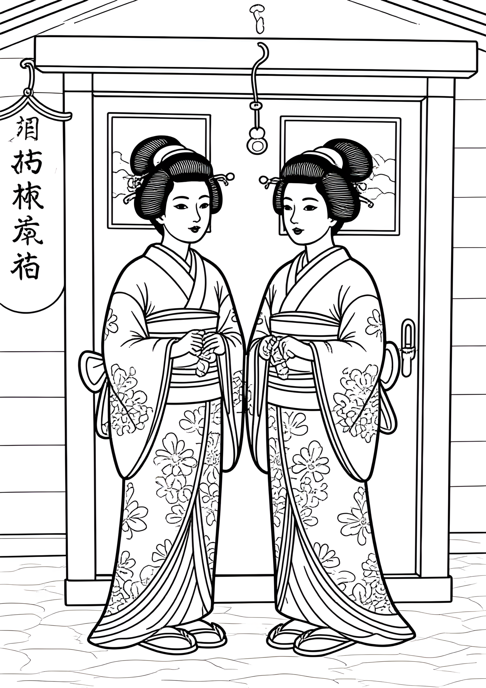 Coloriage Parapluies Japonais Wagasa Devant Une Maison De Thé à imprimer gratuitement
