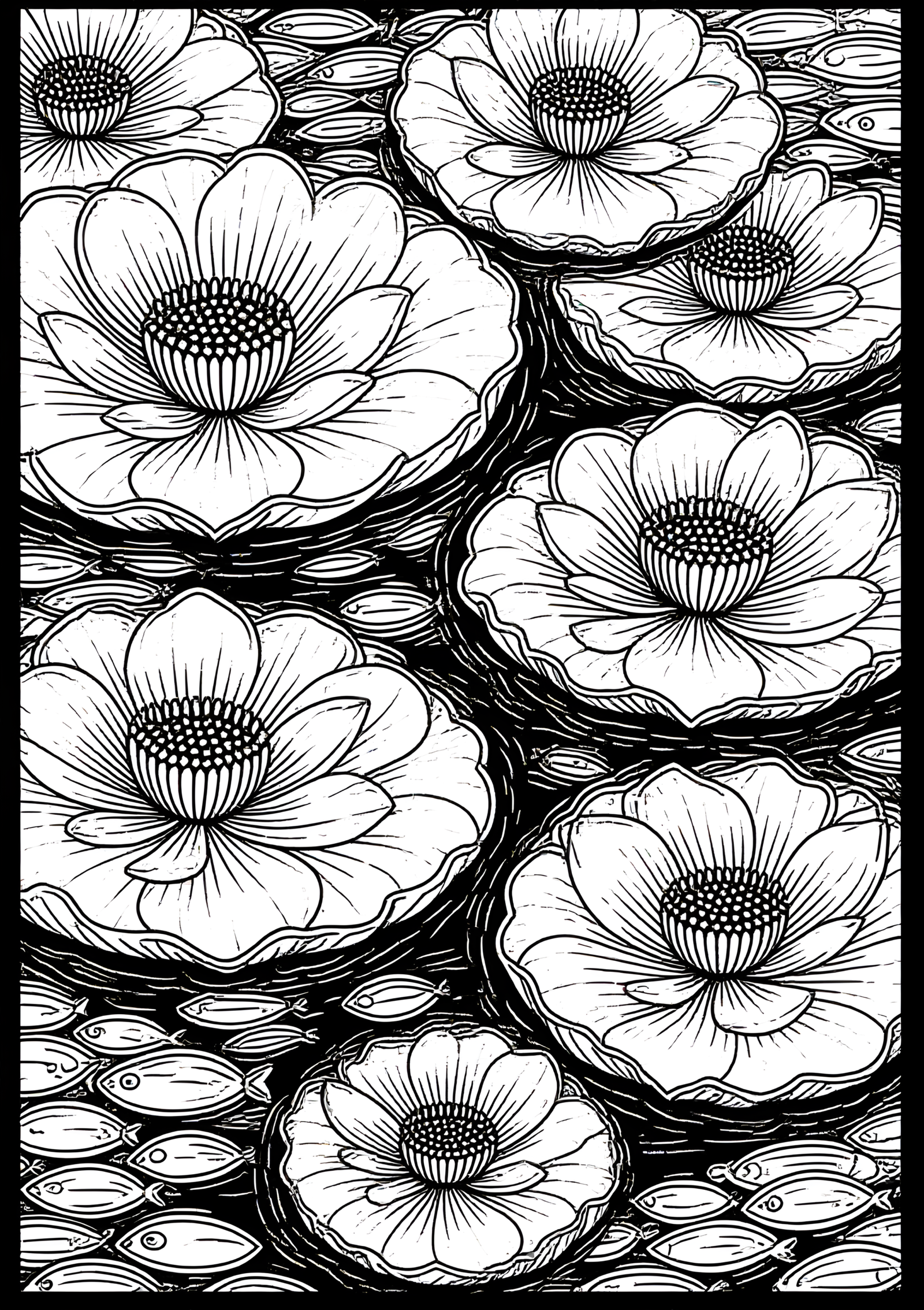 Coloriage Carpe Koï aux Nénuphars et Anémones de Mer, variante 2