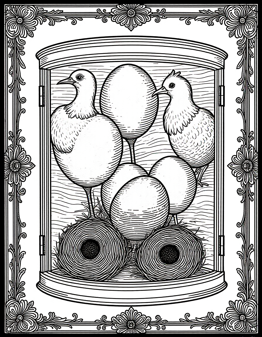 Coloriage Armoire à curiosités vitrée aux nids d'oiseaux, variante 2