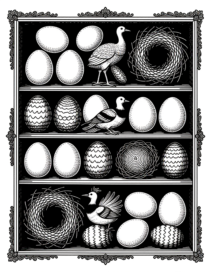 Coloriage Armoire de collection naturaliste aux nids d'oiseaux, variante 2