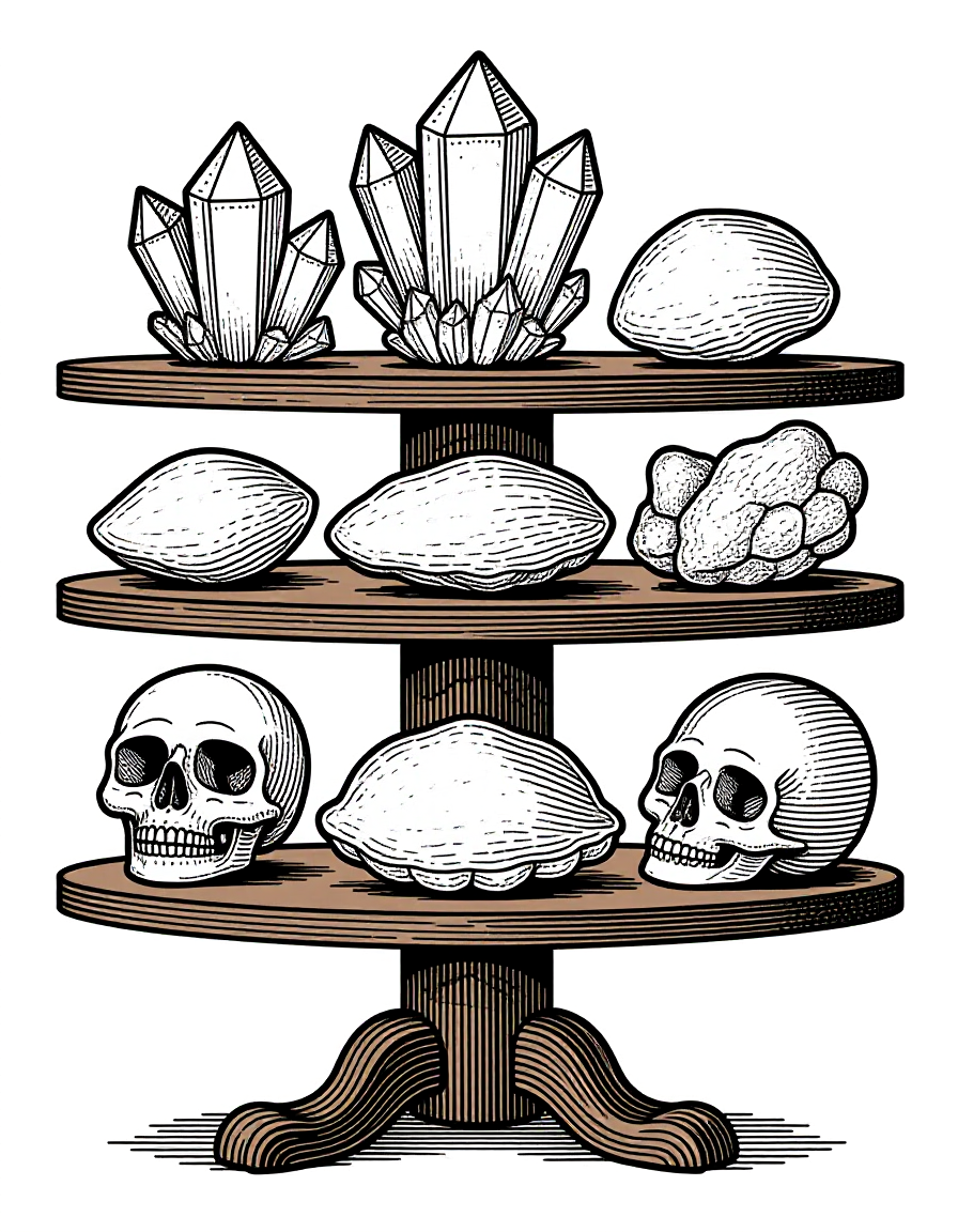 Coloriage Vitrines d'une chambre de curiosités minéraux fossiles, variante 2