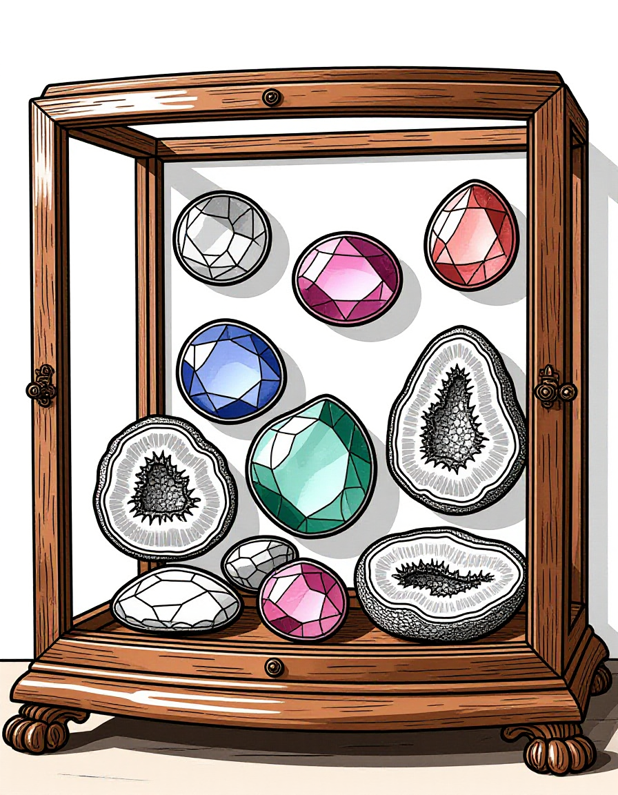Coloriage Vitrine De Taxidermiste Avec Pierres Précieuses, variante 2