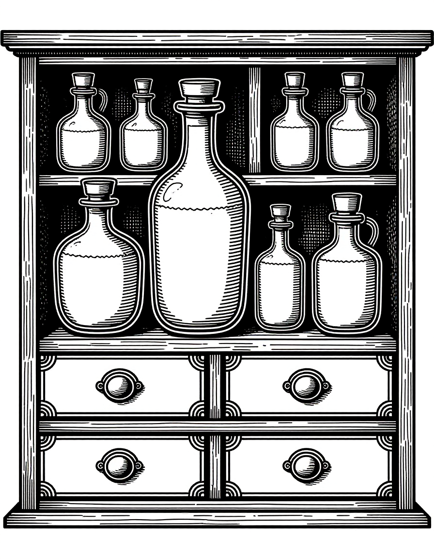 Coloriage Armoire à Curiosités Alchimique Antique, variante 2