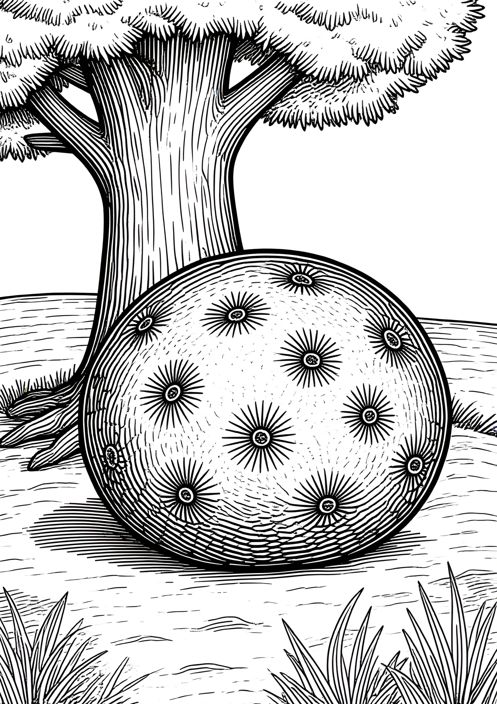 Coloriage Bille épineuse dans champ sec sous arbre, variante 2