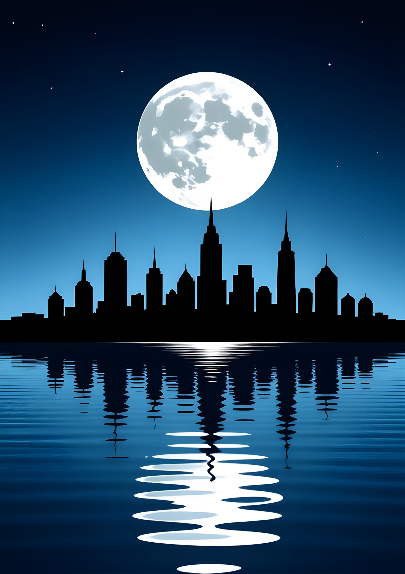 Coloriage Lune Rouge Sur Silhouette Urbaine, variante 2