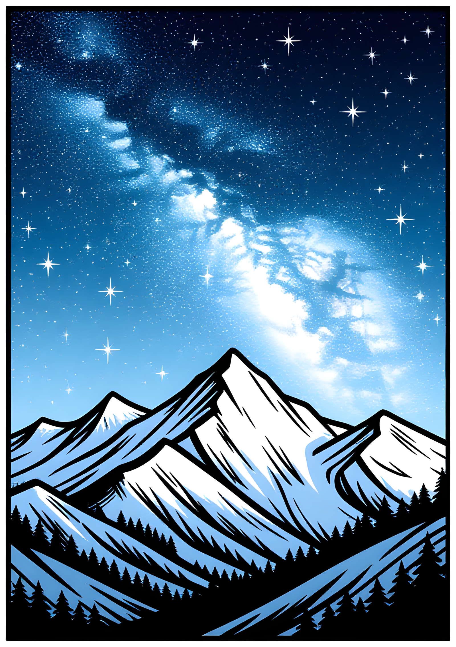 Coloriage Voie Lactée sur Chaîne de Montagnes Étoilée, variante 2