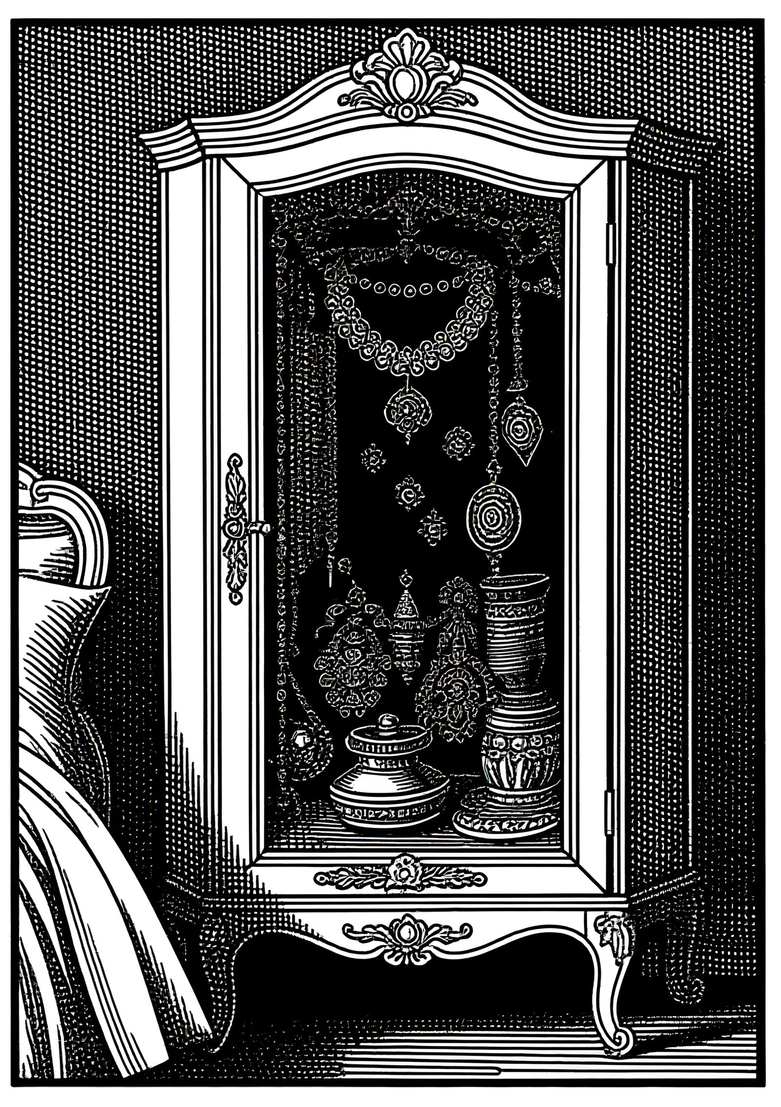 Coloriage Armoire à bijoux miniature près d'un lit, variante 2