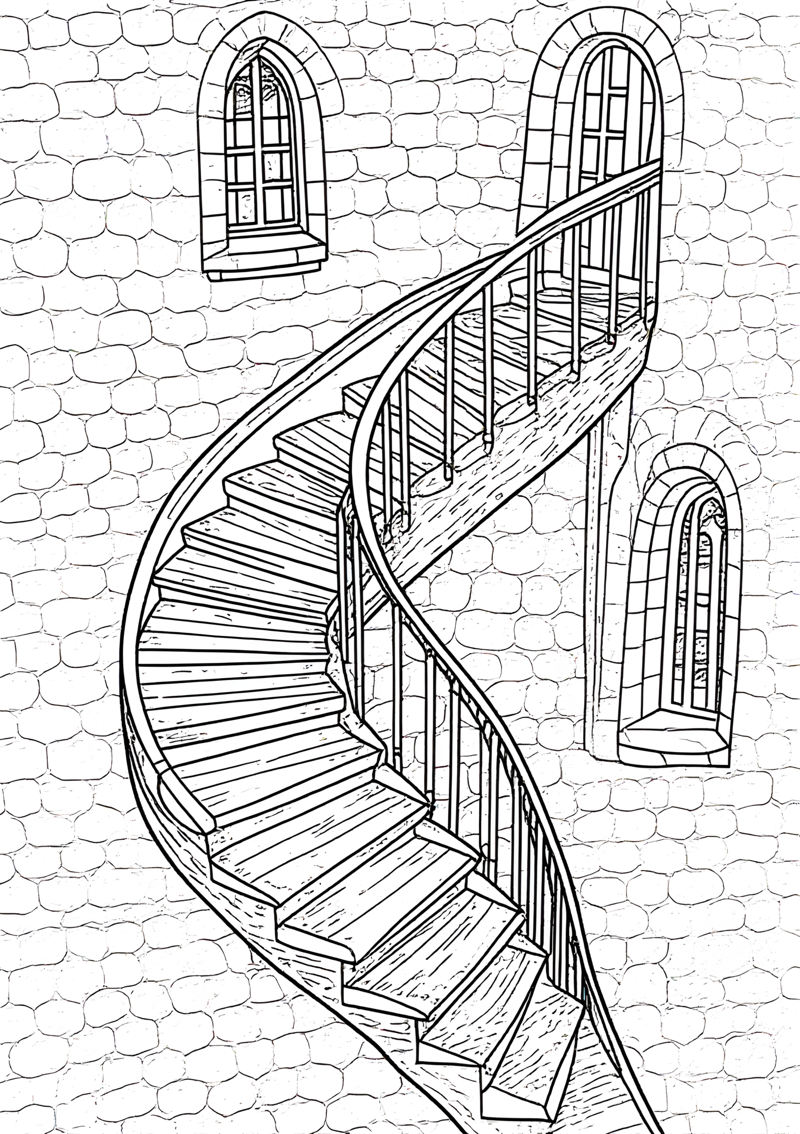 Coloriage Escaliers Monastiques Vue du Haut Simple Design, variante 2