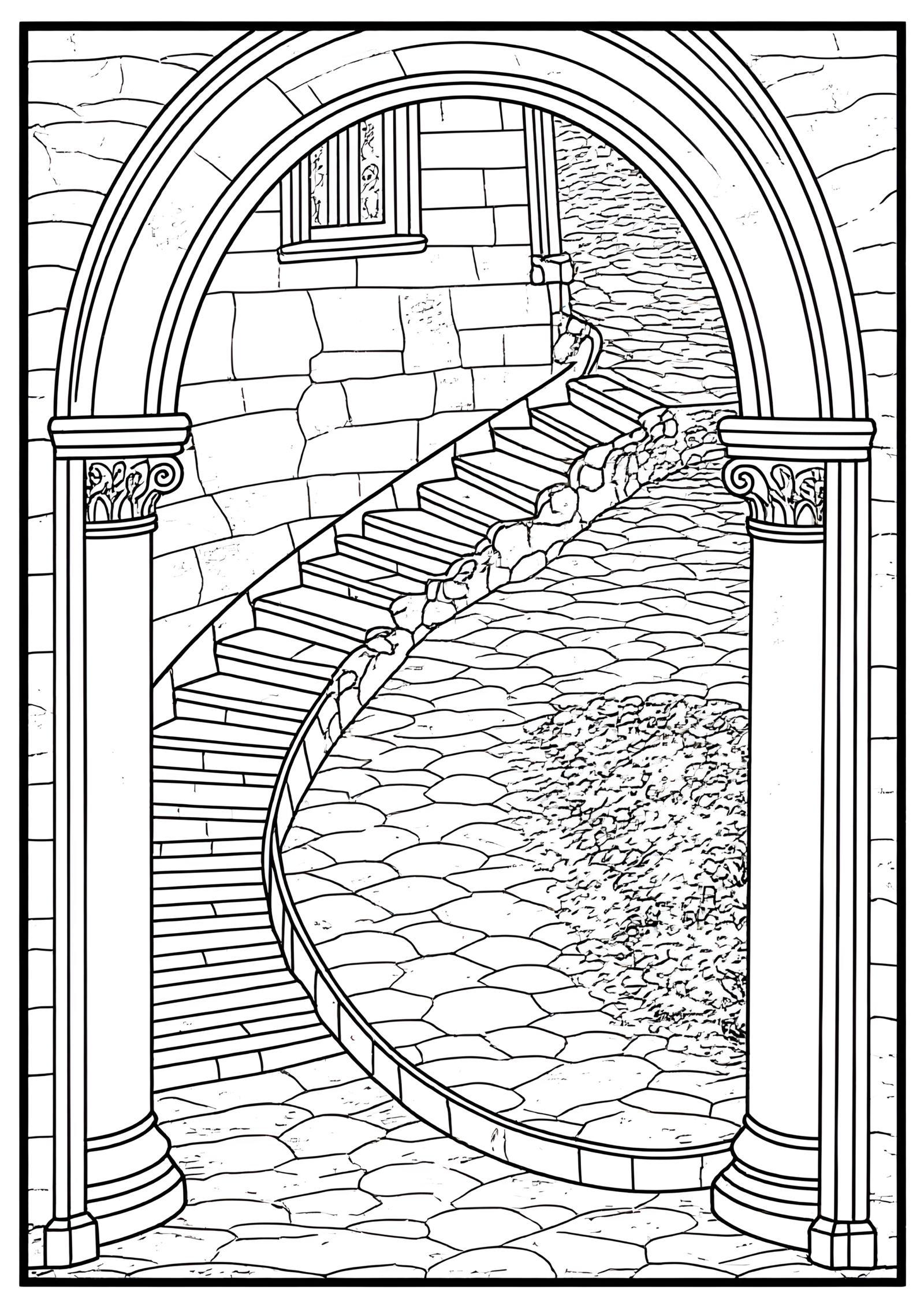 Coloriage Escalier Monastique Jardin Intérieur Façade Pierre Claire, variante 2