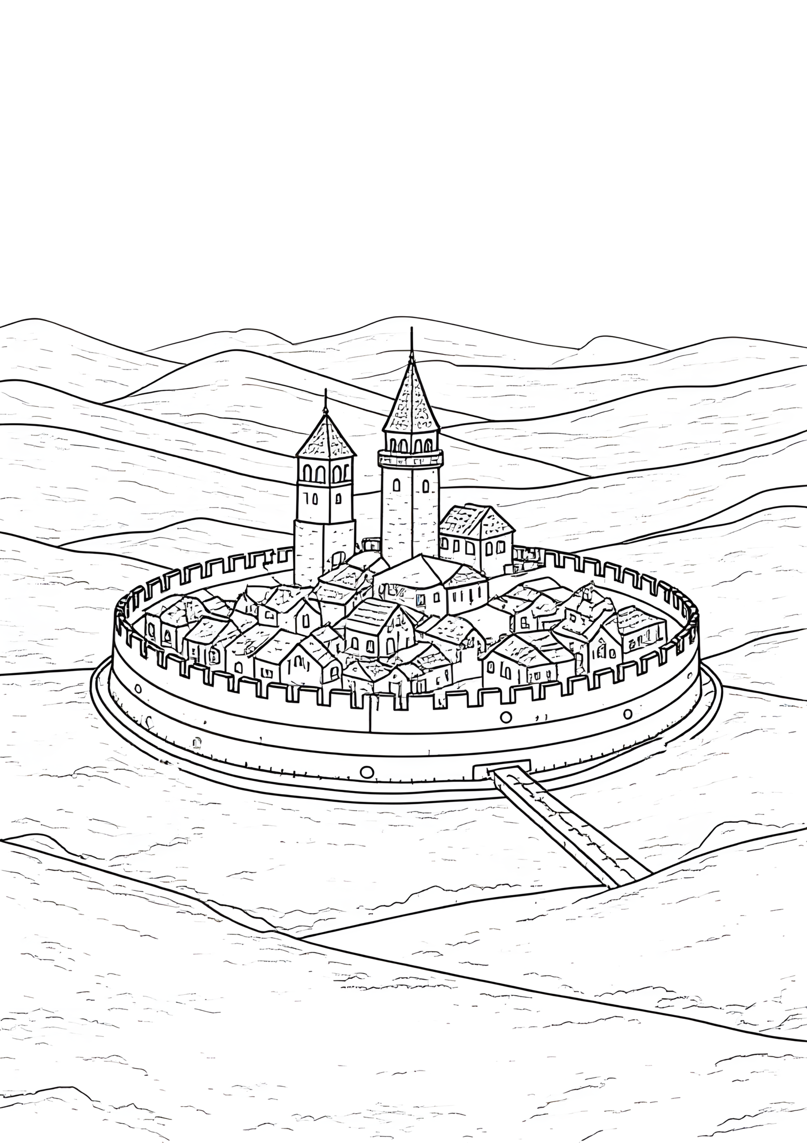 Coloriage Canal Circulaire Autour d’une Ville Fortifiée, variante 2