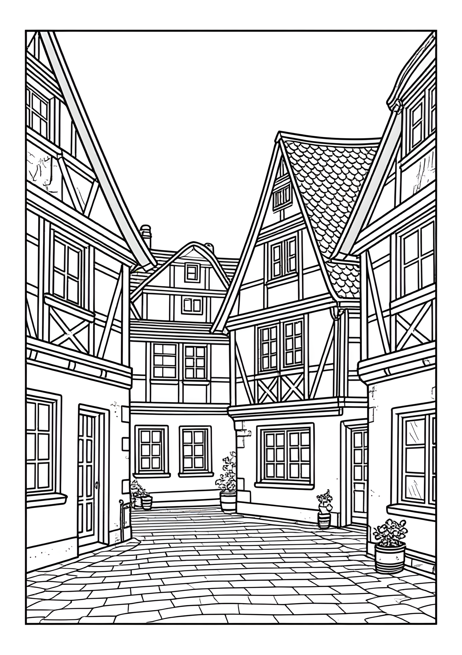 Coloriage Galerie À Colombages À Cour Allemande, variante 2