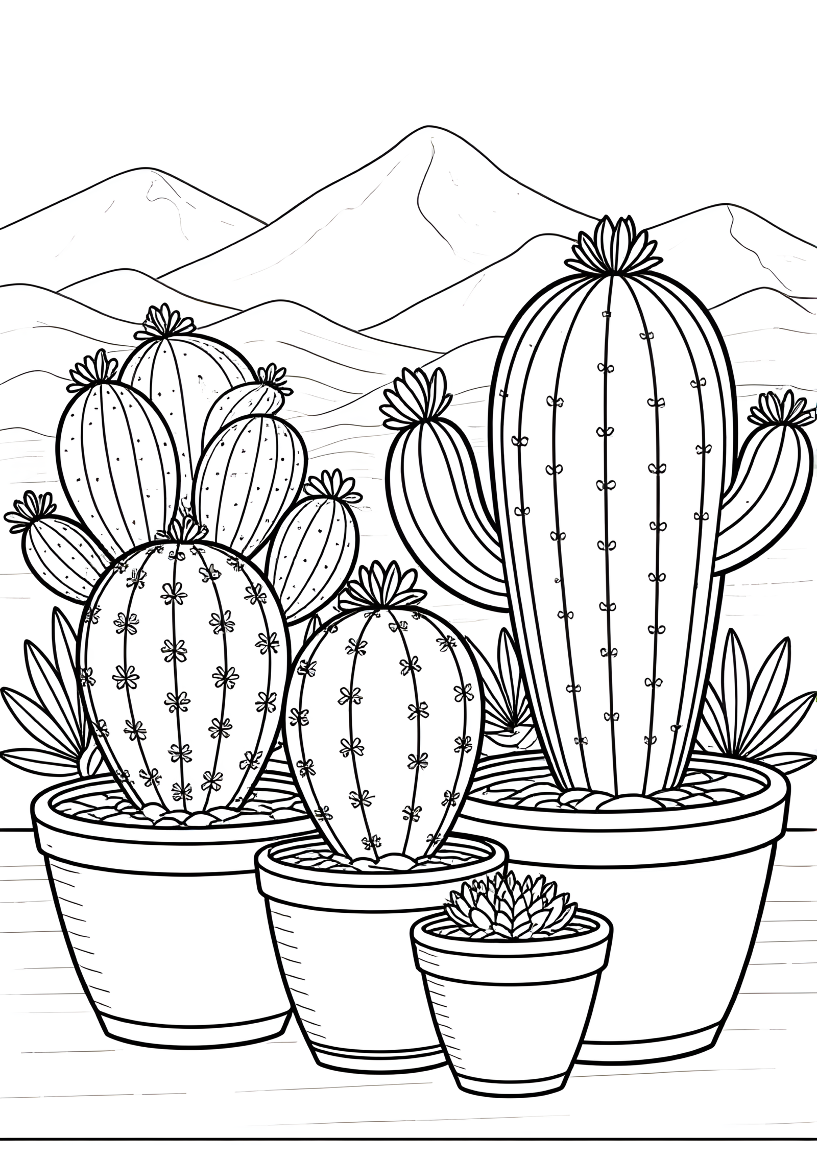 Coloriage Famille De Cactus En Pots Sur Un Patio, variante 2