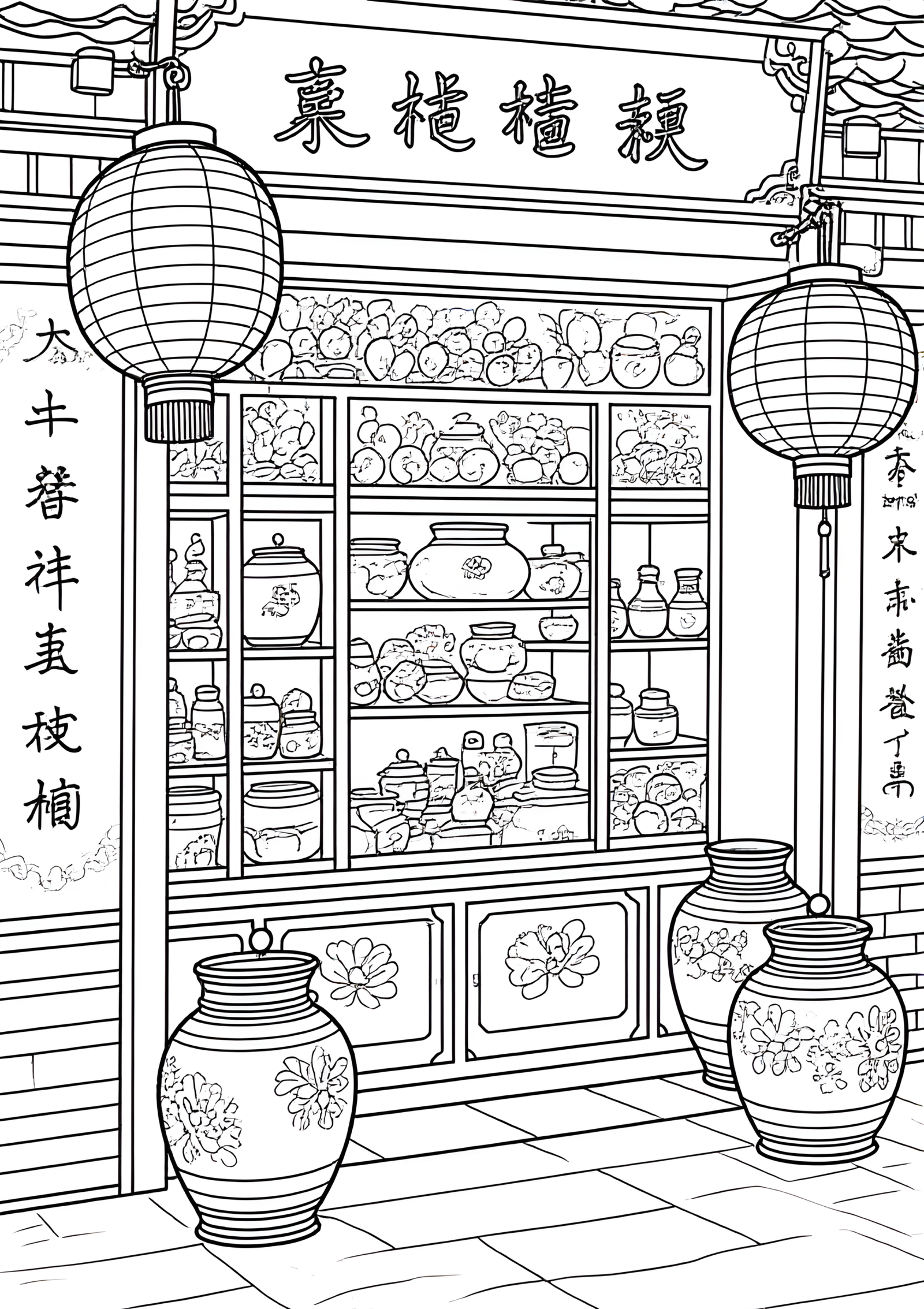 Coloriage Porte de Maison de Thé Chinoise, variante 2