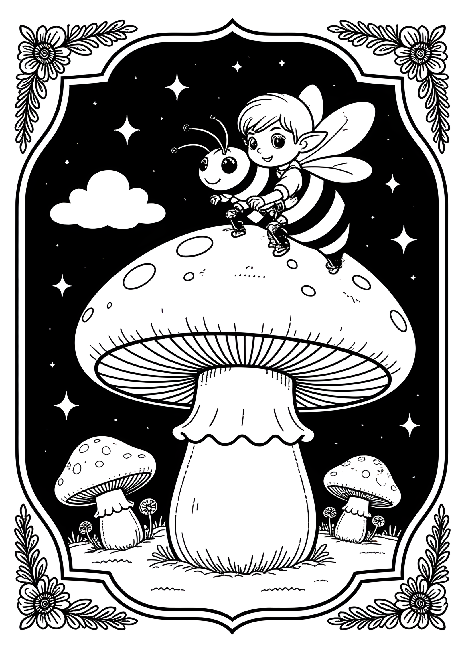 Coloriage Coloriage Elfes sur Champignon, variante 2