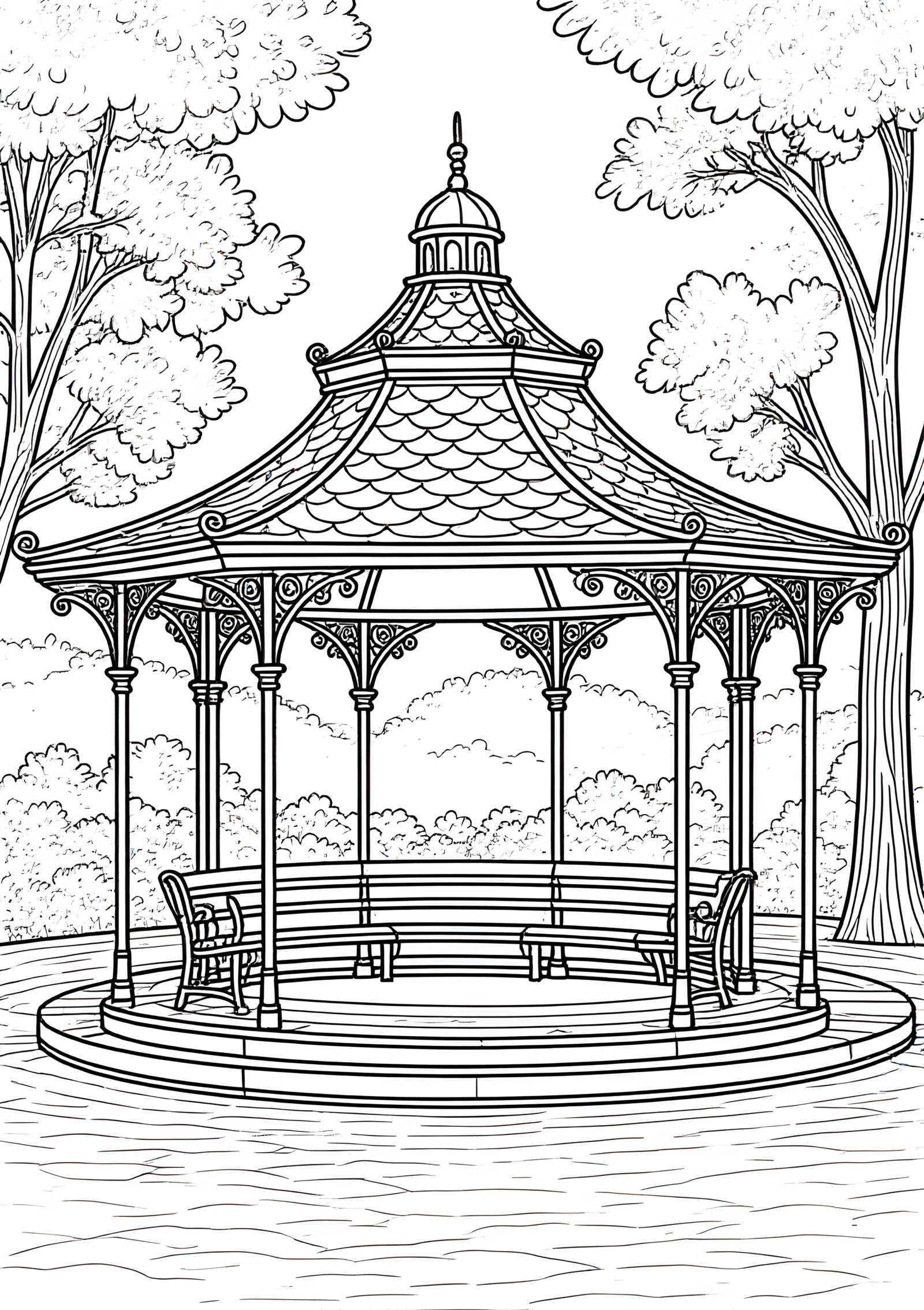 Coloriage Kiosque À Musique En Parc, variante 2