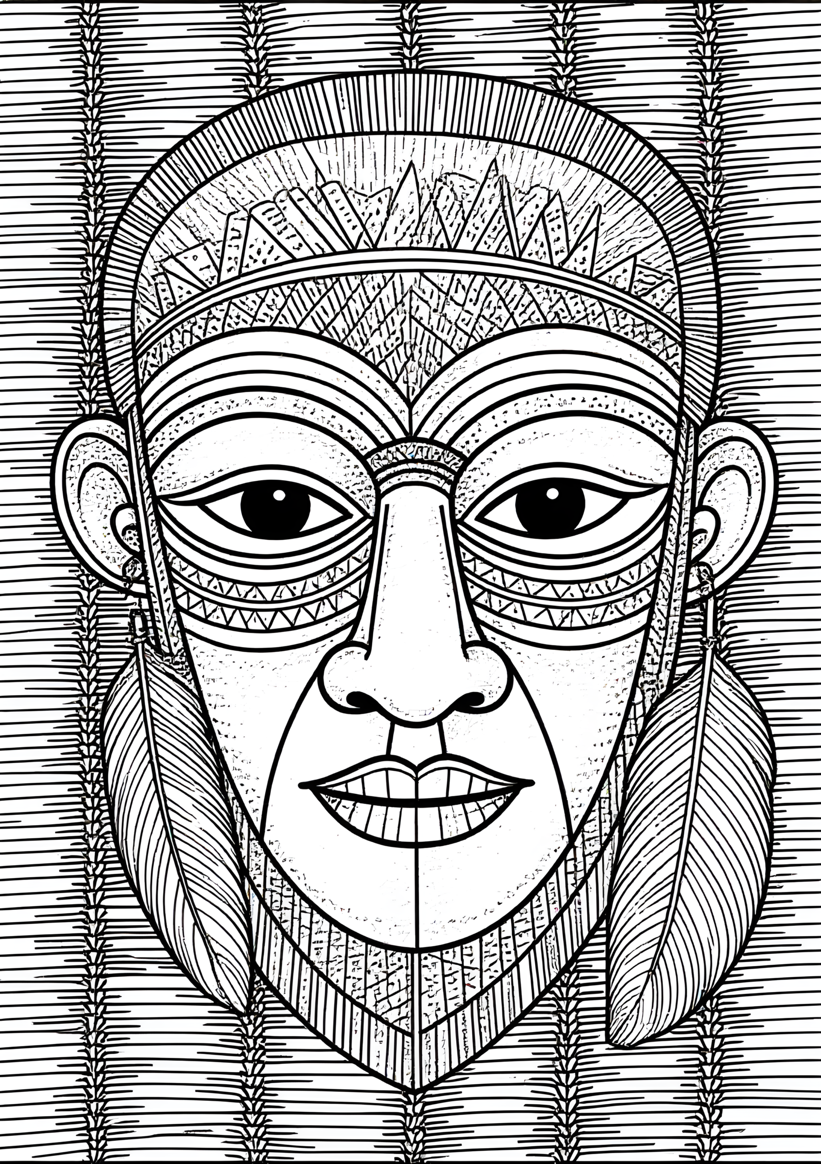 Coloriage Masque Papou en Écorce et Plumes, variante 2